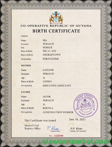 Guyana vital record birth certificate PSD template